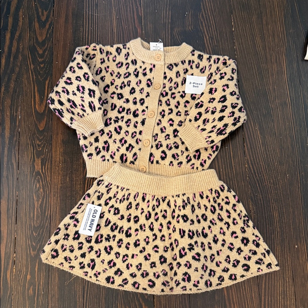 Old Navy Beige Knit Leopard Cardigan and Skirt Set with Pink and Black Spots